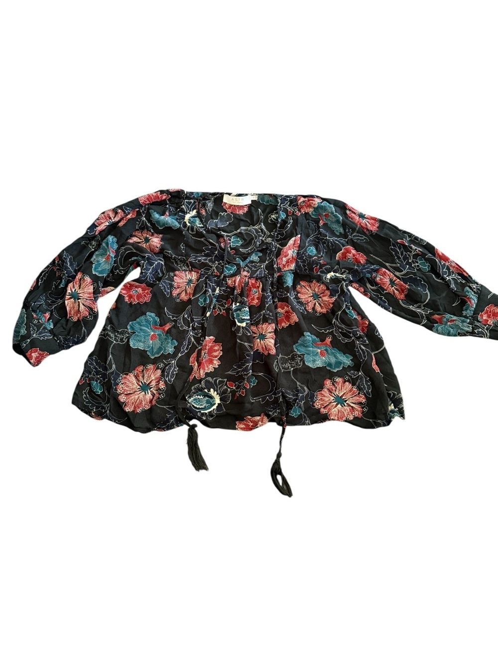 ASTR The Label Black Floral Puff Sleeve Peasant Blouse Medium Cottagecore - Picture 2 of 6